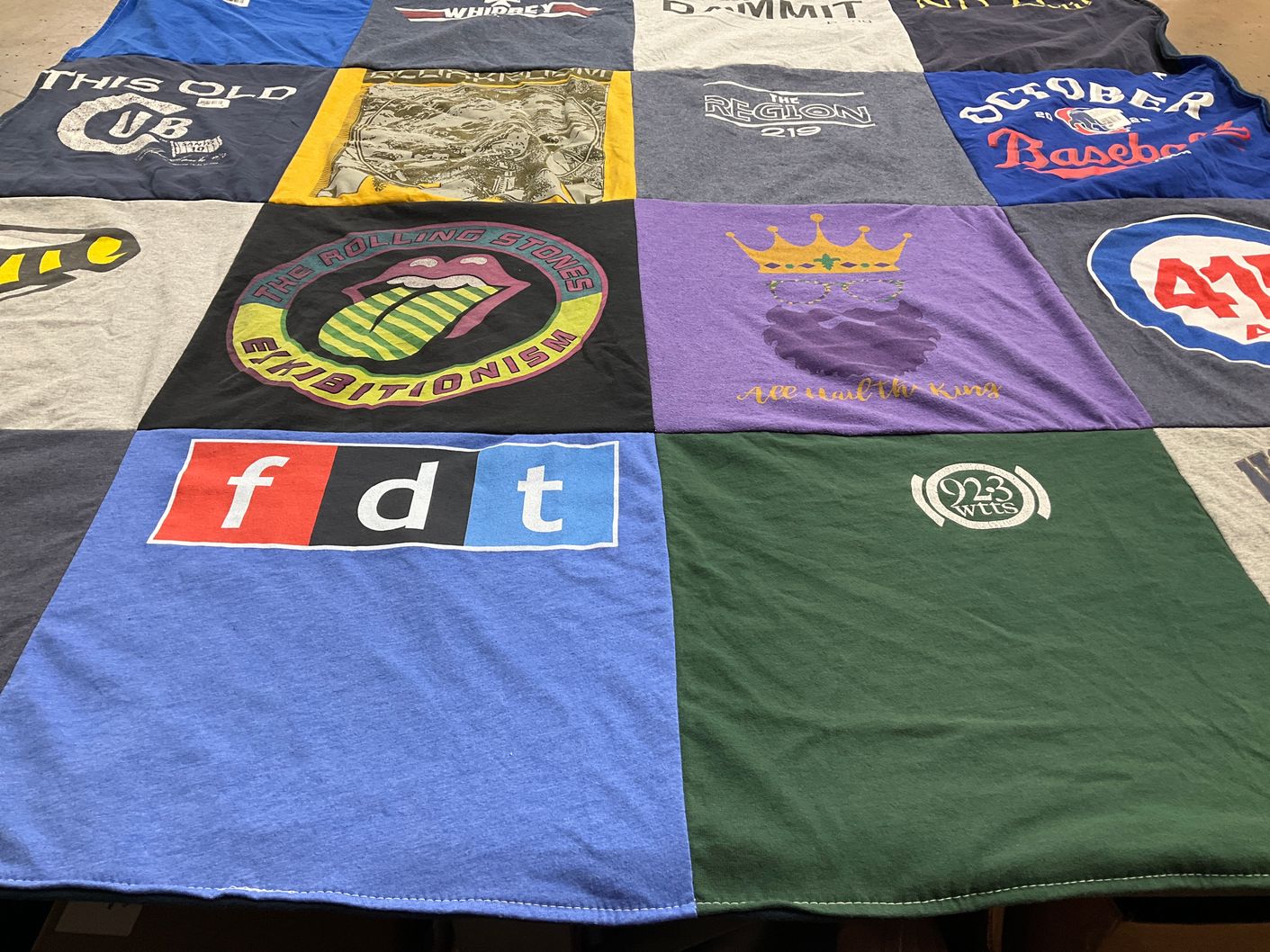 T-shirt quilt with music, sports themes by Jean from IN