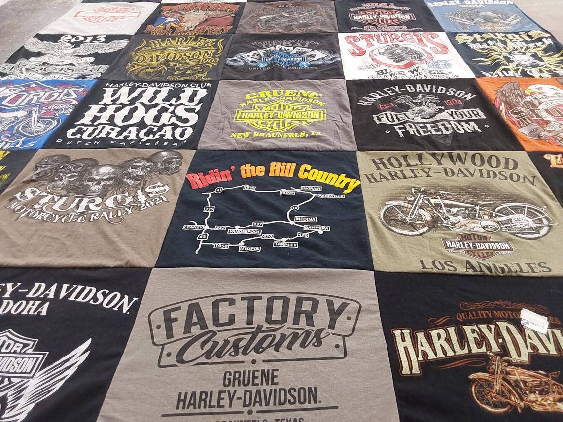 T-shirt quilt with motorcycles, biking themes by Daniel from TX