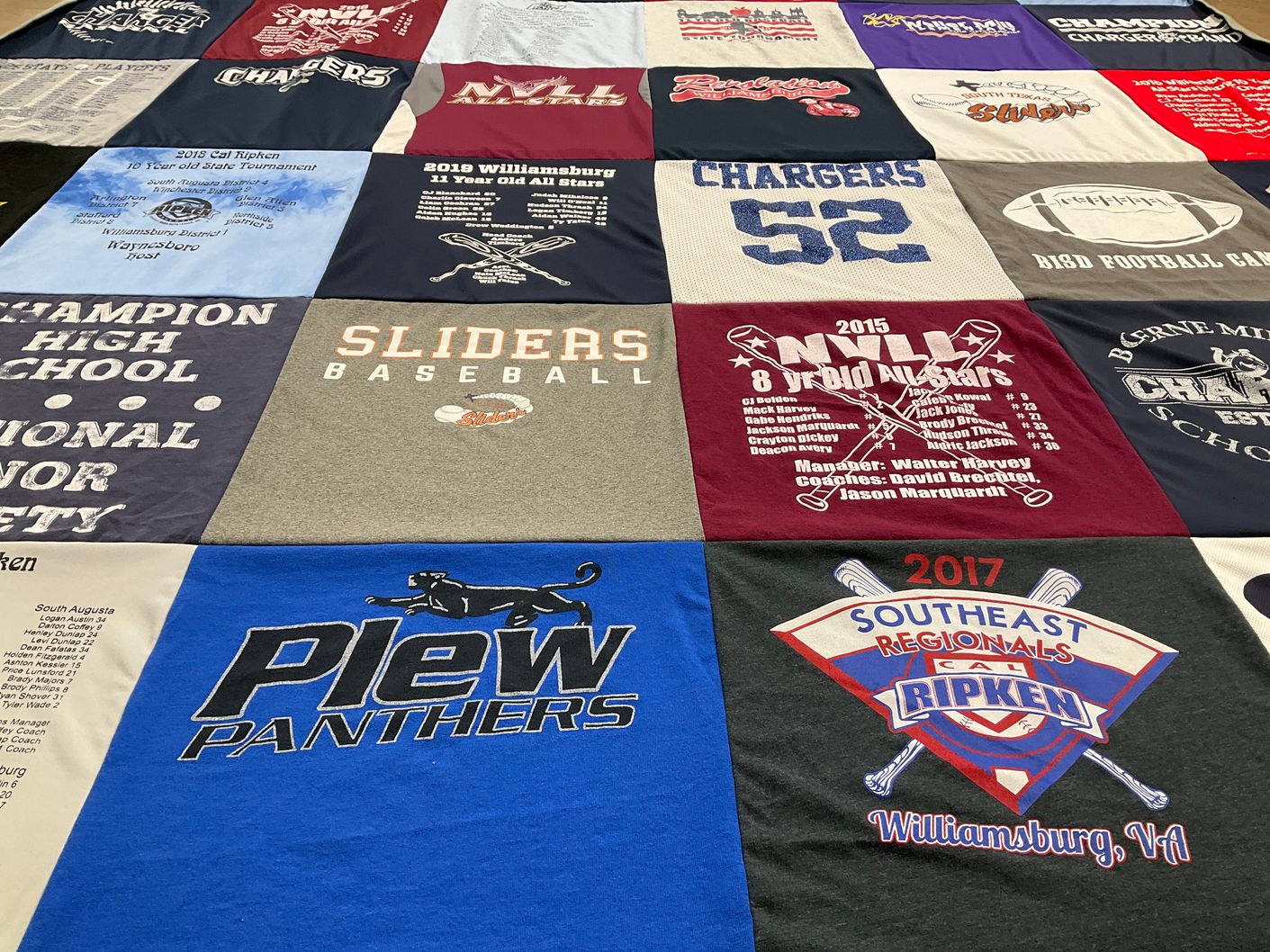 T-shirt quilt featuring chargers, sliders by Janet from TX