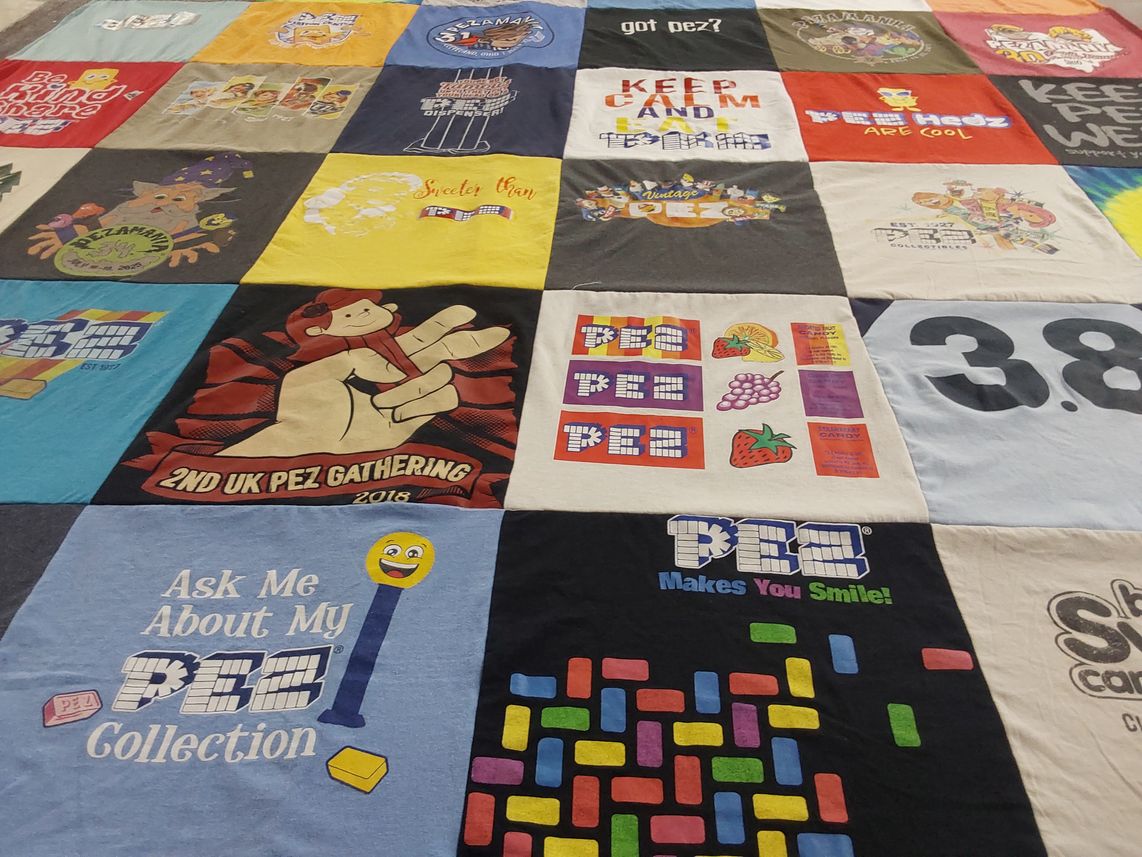 T-shirt quilt with pez collecting, sweets themes by Juliana from TX