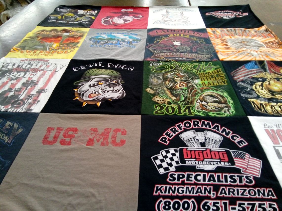 T-shirt quilt with motorcycles, biking themes by Renee from AZ