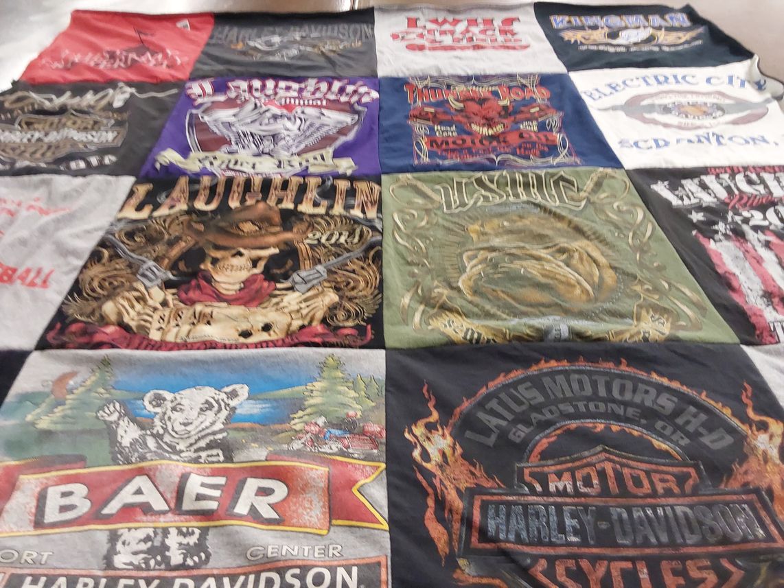 T-shirt quilt with motorcycles, biking themes by Renee from AZ