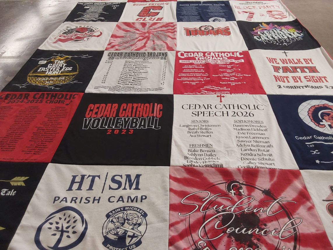 T-shirt quilt featuring cedar catholic trojans by Laura from NE