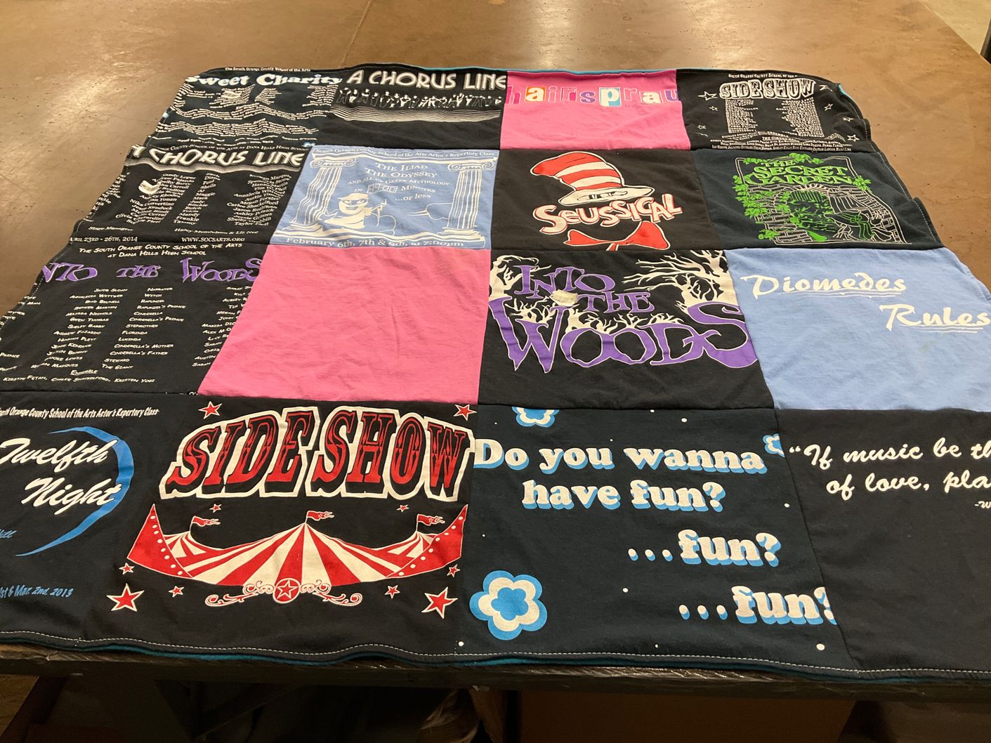 T-shirt quilt with musical theatre, performing arts themes by Kathryn from CA