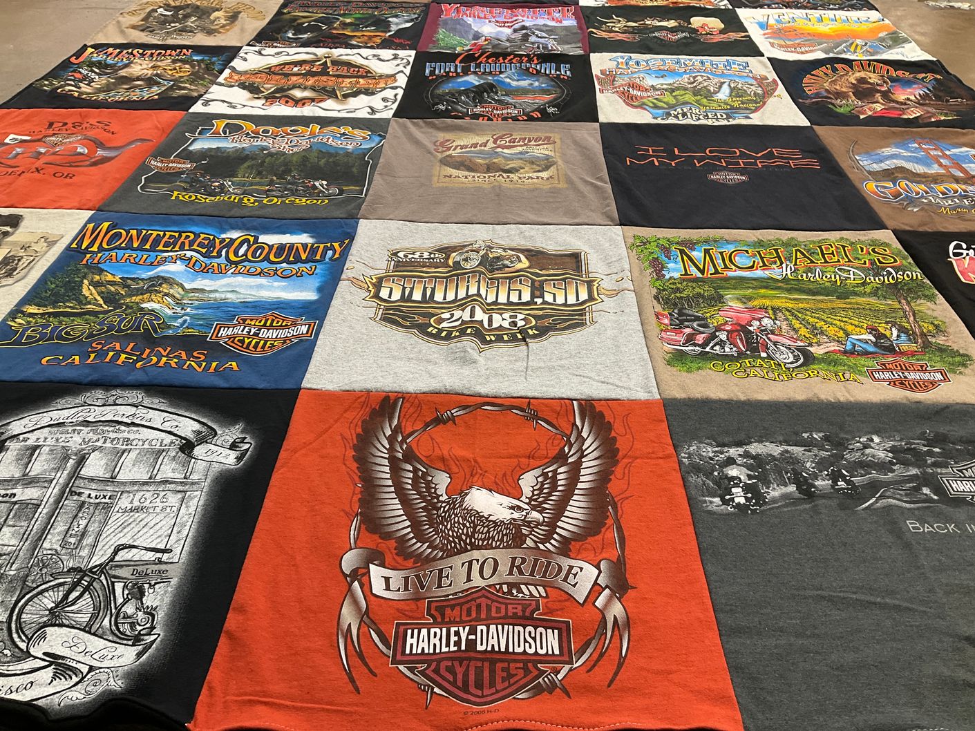 T-shirt quilt with motorcycles, harley davidson themes by Arlene from CA