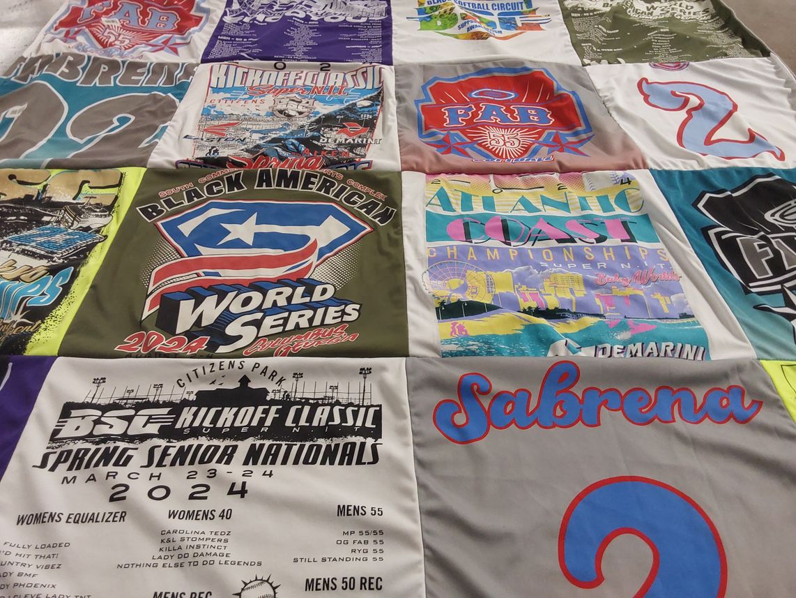 T-shirt quilt with sports, softball themes by Sabrena from AL
