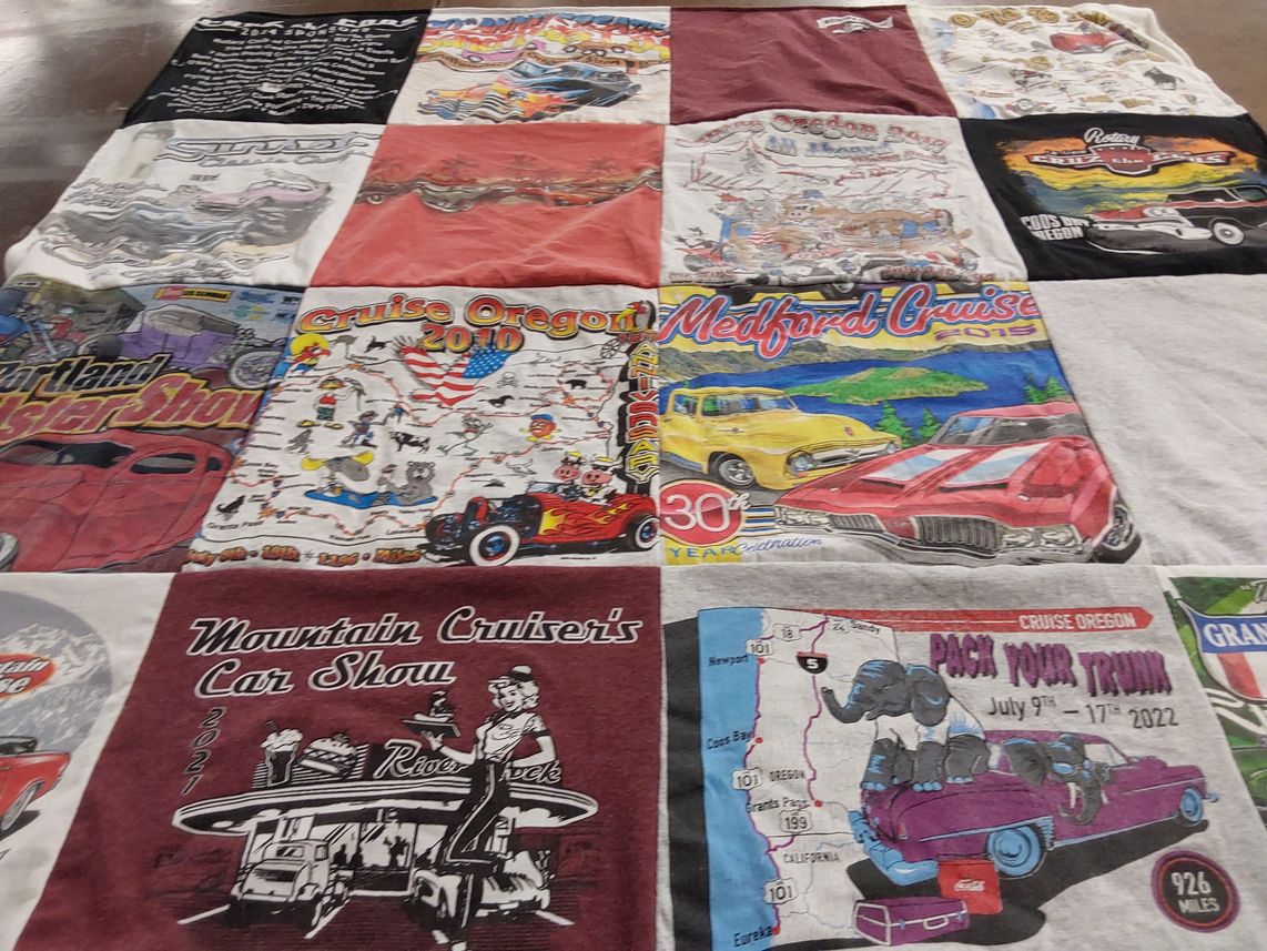 T-shirt quilt with cars, shows themes by Lori from OR