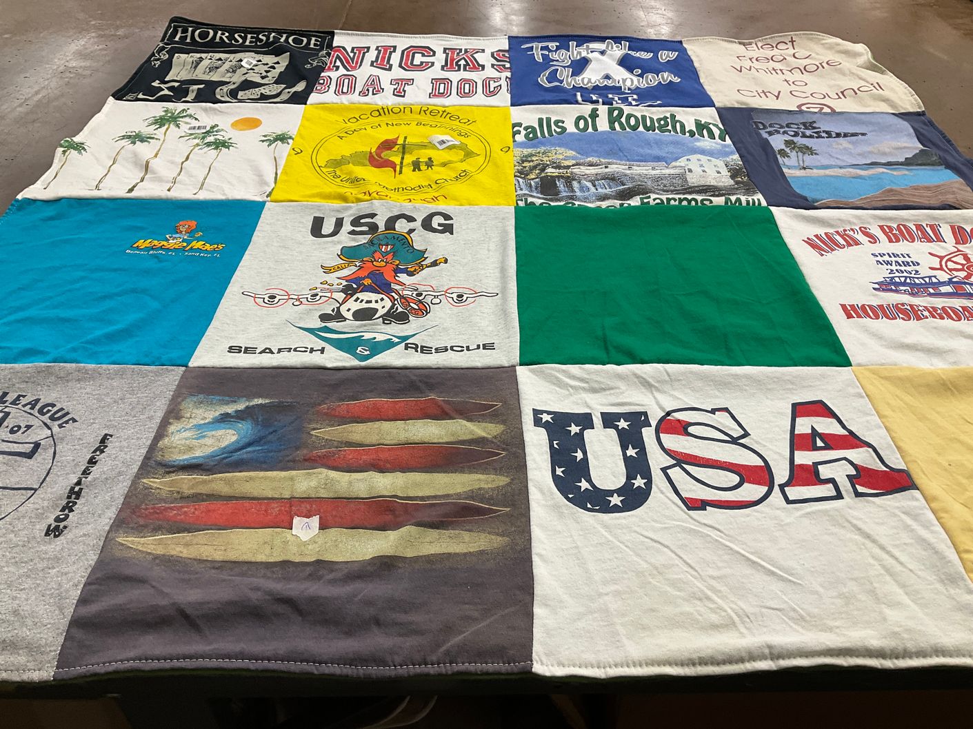 T-shirt quilt with boating, fishing themes by Meredith from KY
