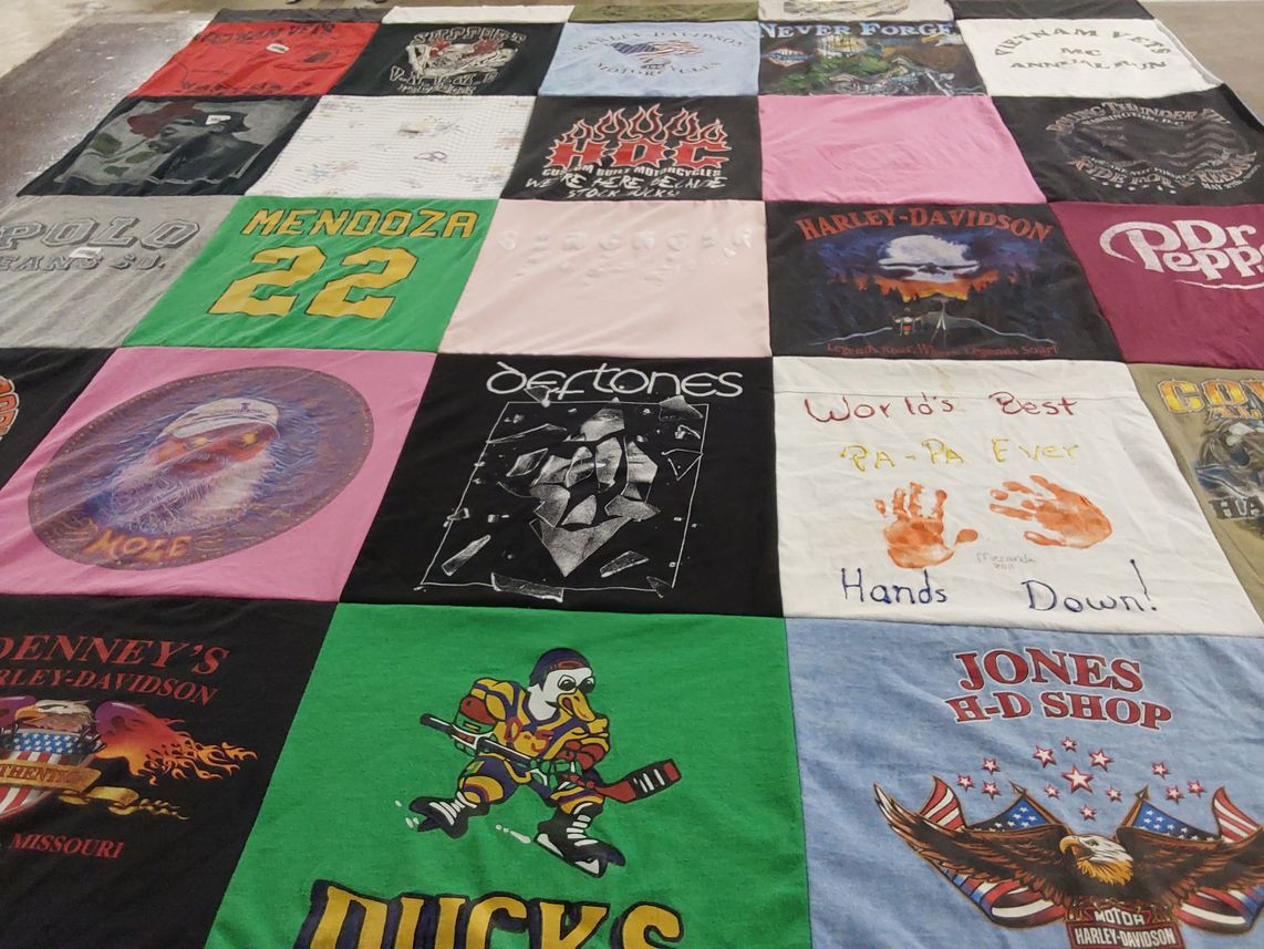 T-shirt quilt with motorcycles, music themes by Marianne from IL
