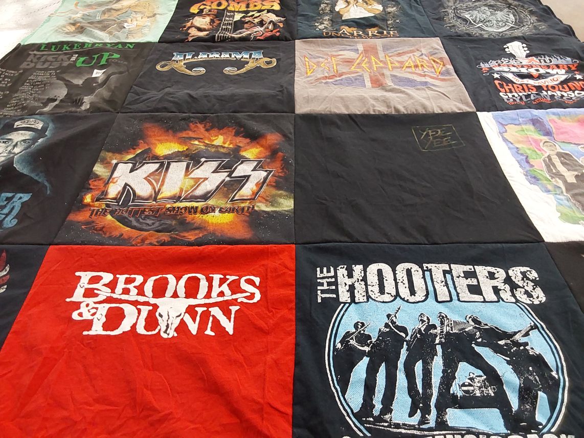 T-shirt quilt with music, concerts themes by Mary from PA