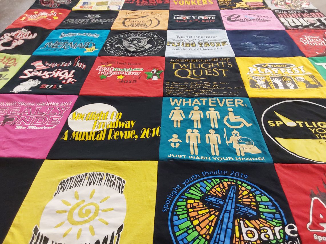 T-shirt quilt with theater, musicals themes by Sara from AZ