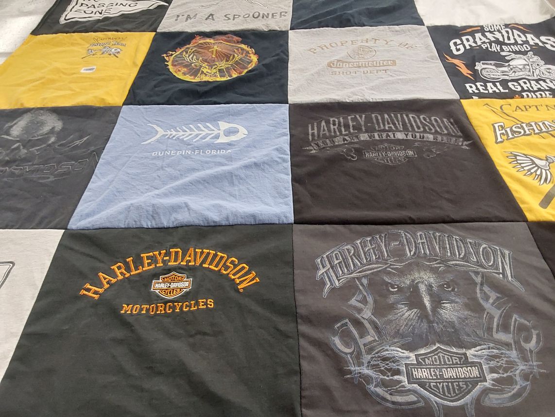 T-shirt quilt with motorcycles, bingo themes by Dawn from MI