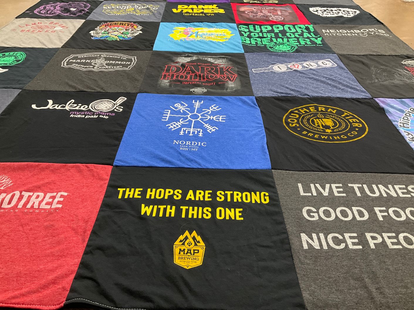 T-shirt quilt with craft beer, brewing themes by Lora from OH