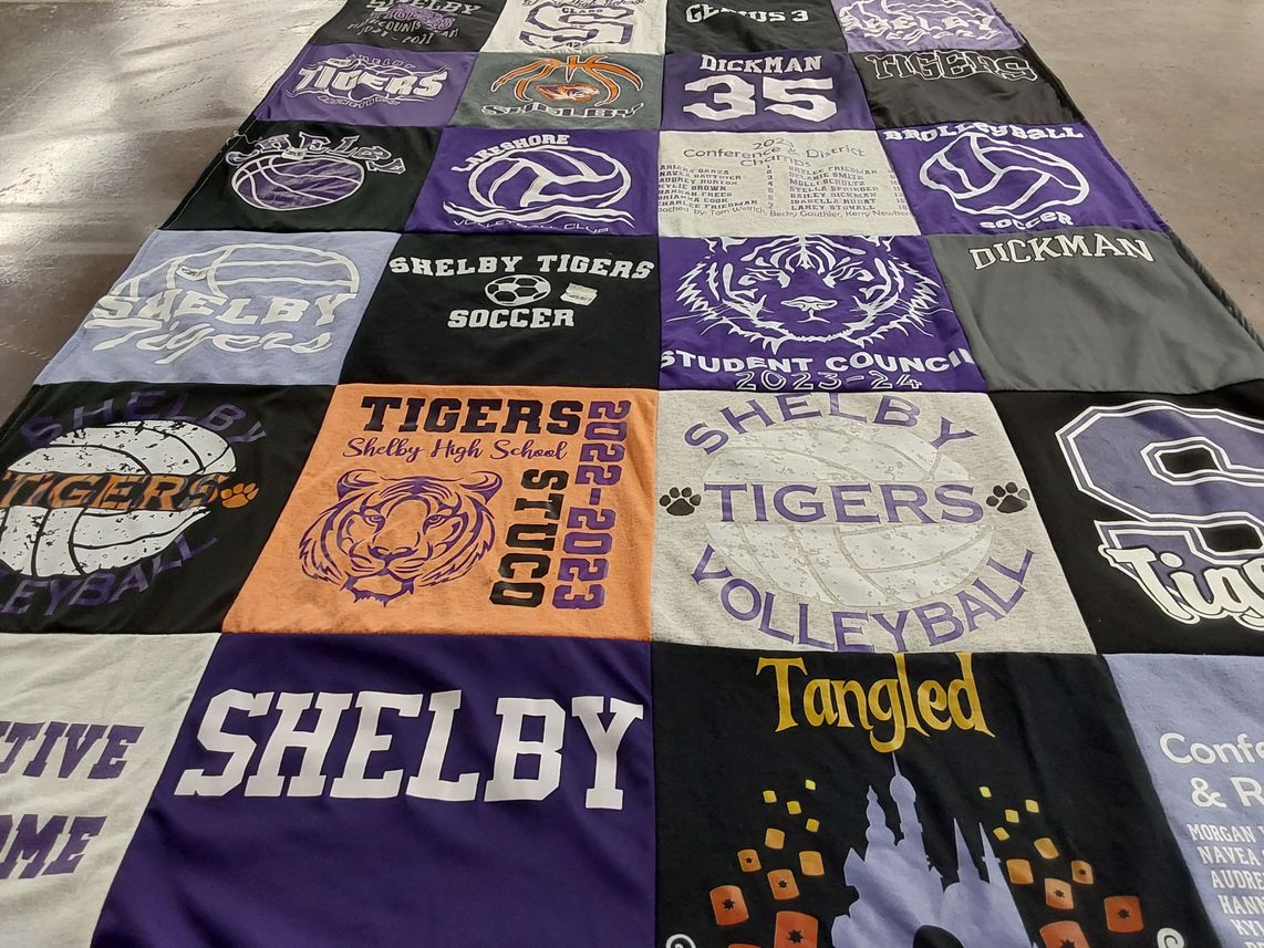 T-shirt quilt featuring shelby tigers volleyball, shelby tigers soccer by Brenda from MI