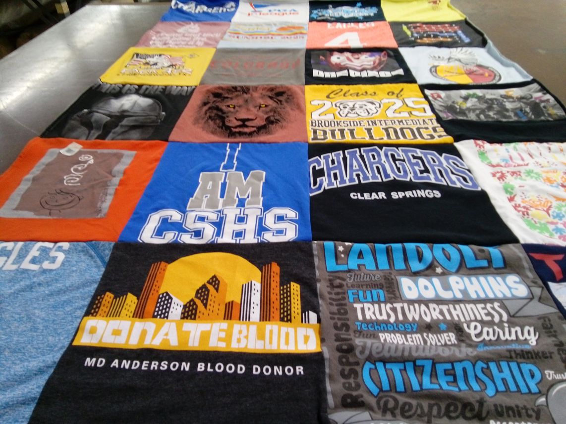 T-shirt quilt featuring landolt dolphins, brooksidem bulldogs by Evan from TX