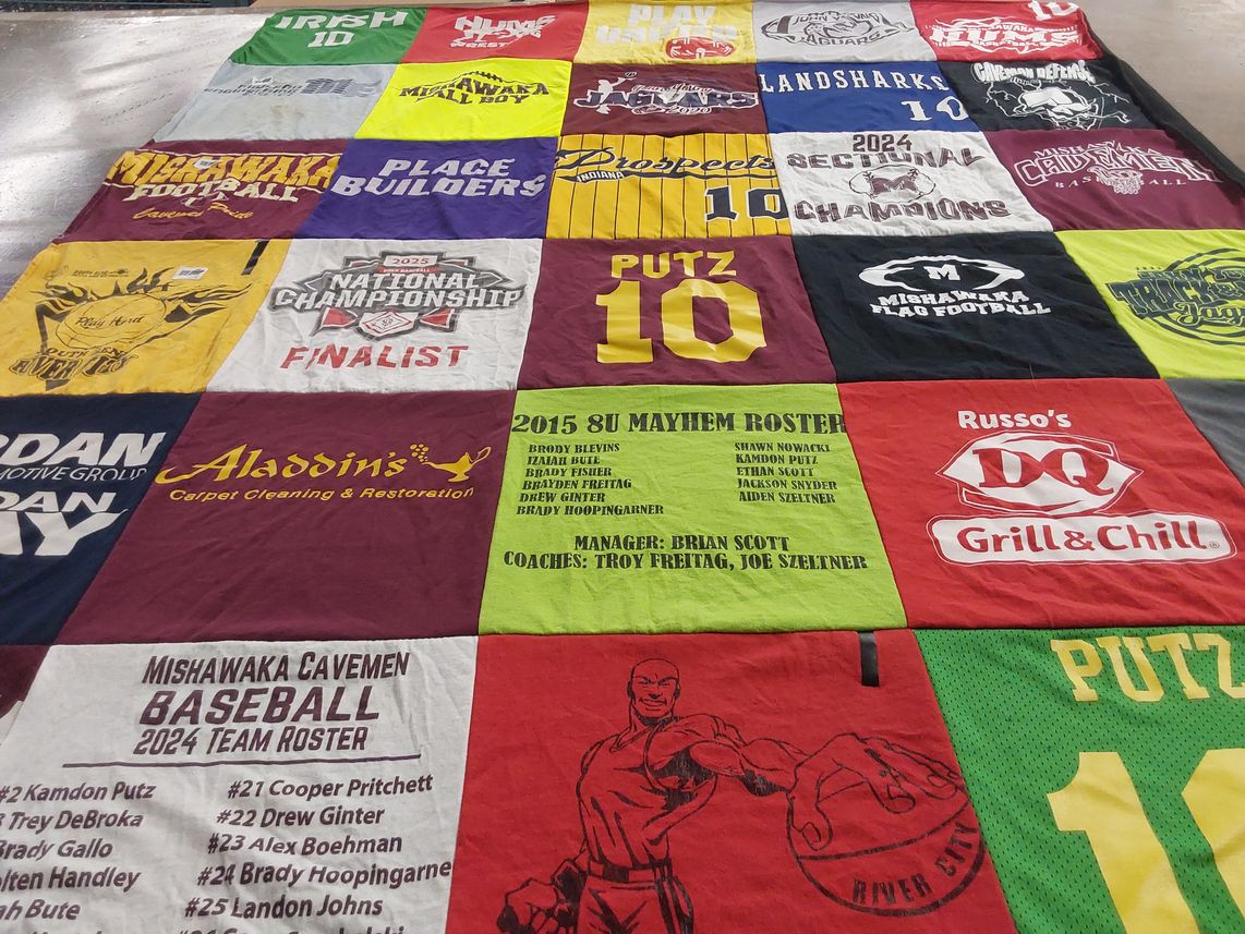 T-shirt quilt featuring mishawaka cavemen baseball, mishawaka flag football by Shannon from IN