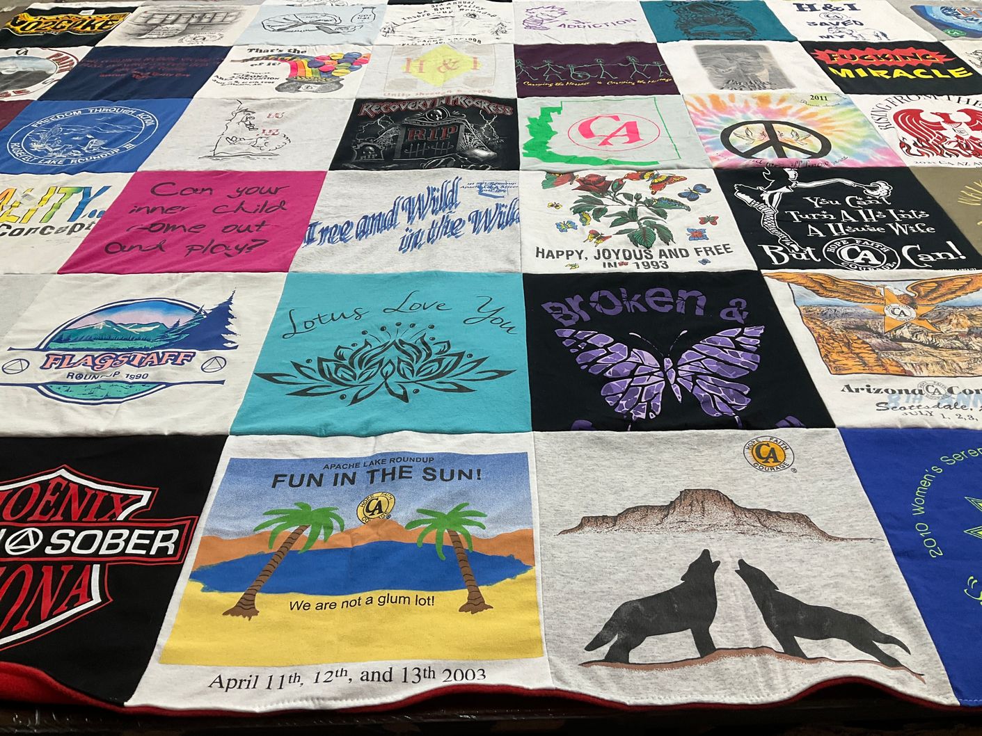 T-shirt quilt with recovery, addiction support themes by Rebecca from AZ