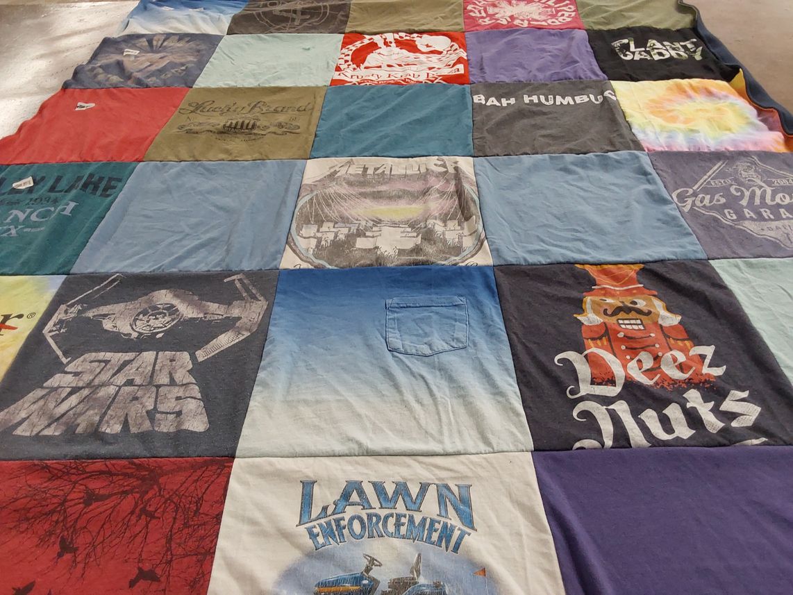 T-shirt quilt with pop culture, humor themes by Kim from TX