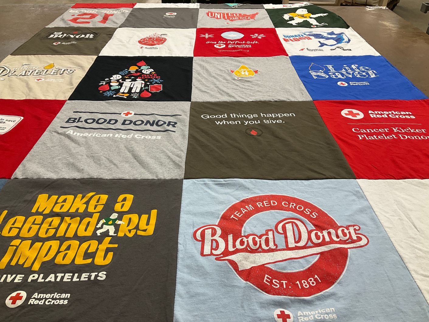 T-shirt quilt with blood donation, health themes by Paul from CT