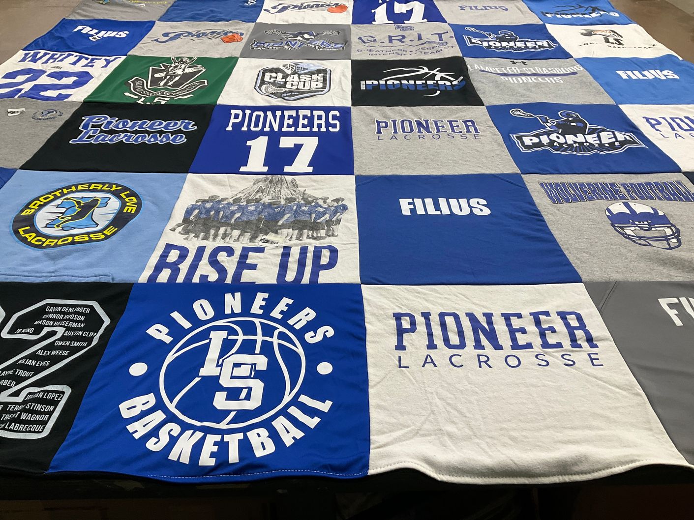 T-shirt quilt featuring pioneers basketball, pioneer lacrosse by Holly from PA