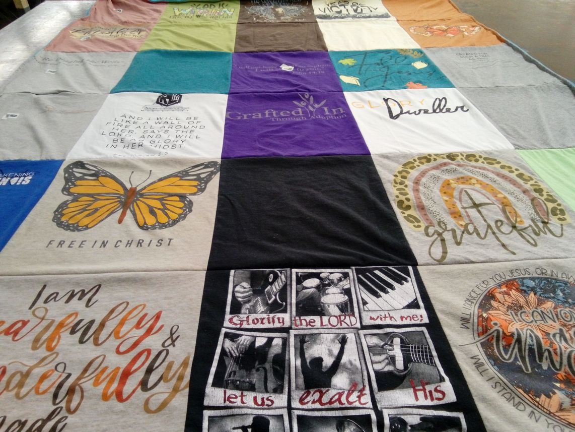 T-shirt quilt with faith, art themes by Sandra from NC