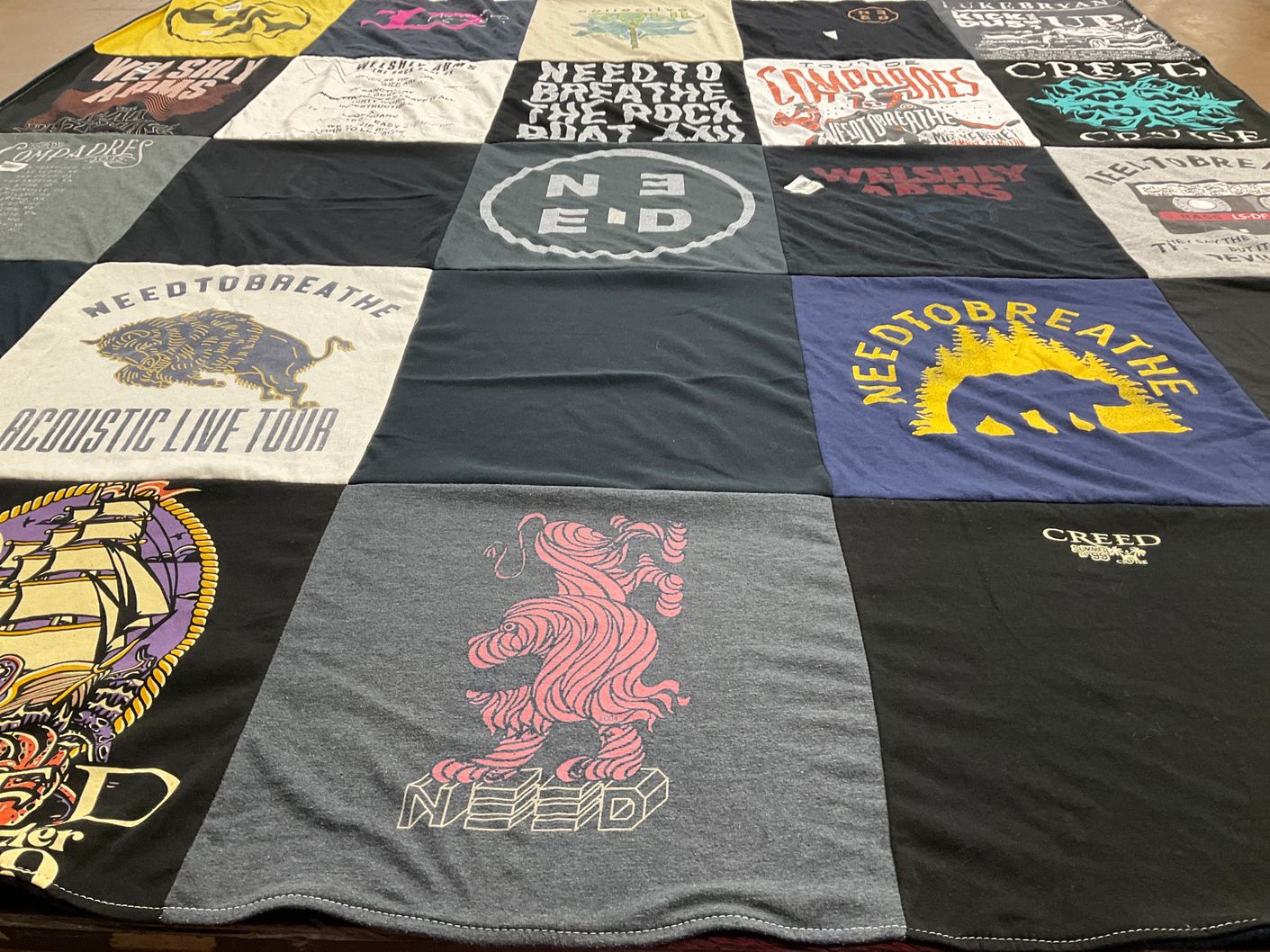 T-shirt quilt with music, concerts themes by Kathryn from NE