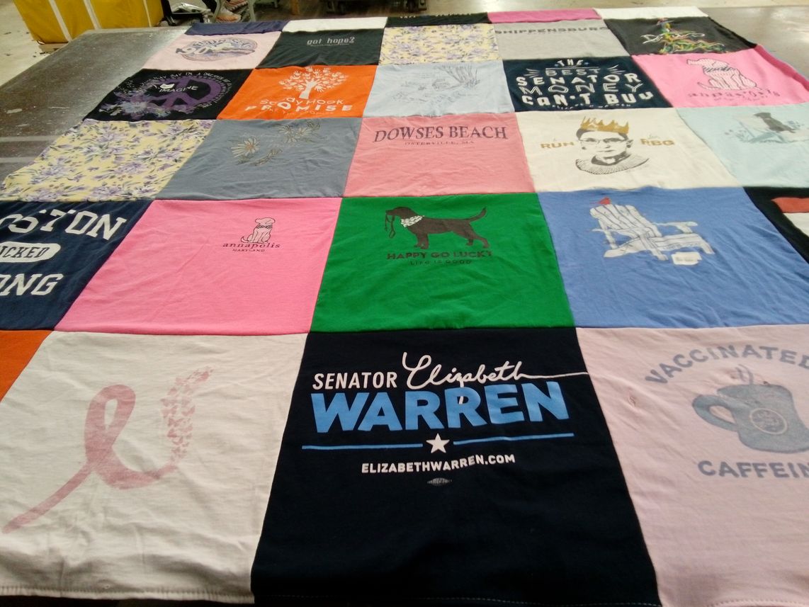 T-shirt quilt with politics, beaches themes by Sarah from MA