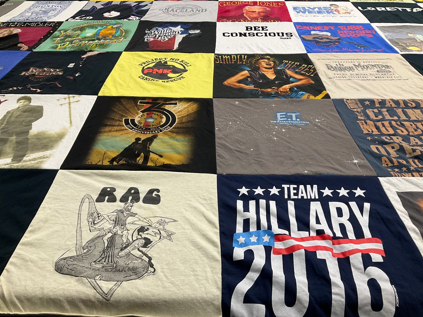 T-shirt quilt with music, politics themes by Paulette from VA