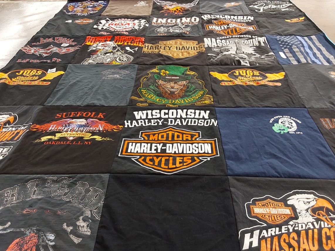 T-shirt quilt with motorcycles, bikers themes by Julie from NY