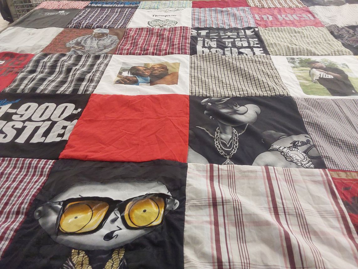 T-shirt quilt with music, hip hop themes by Jennifer from OK