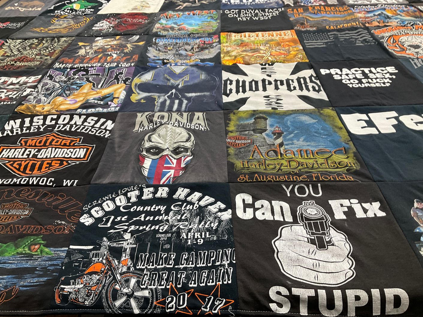 T-shirt quilt with motorcycles, biking themes by laura from FL