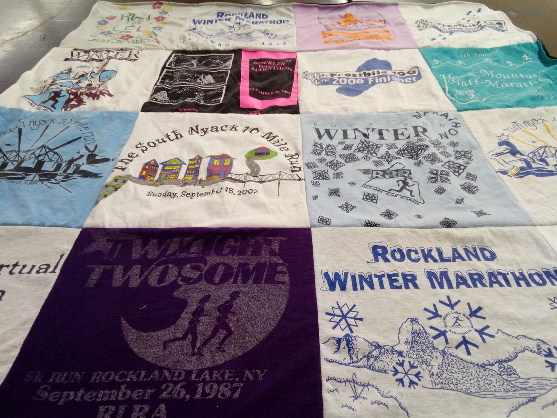 T-shirt quilt with running, marathon themes by JAMES from NY