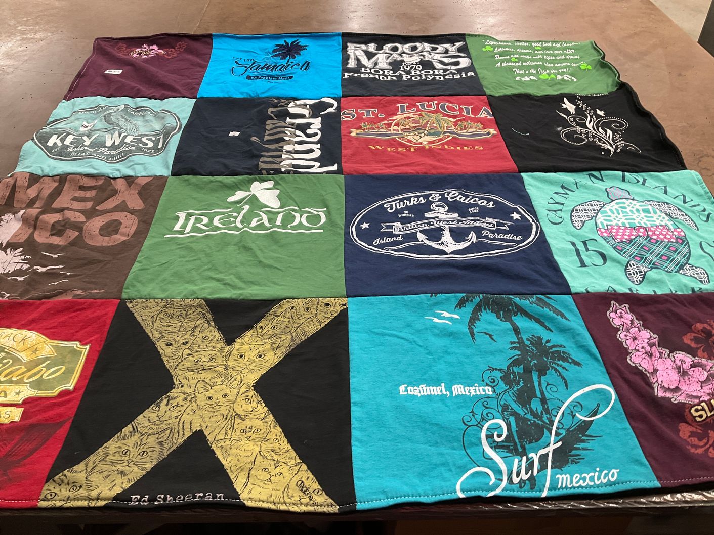 T-shirt quilt with travel, beaches themes by Karen from FL