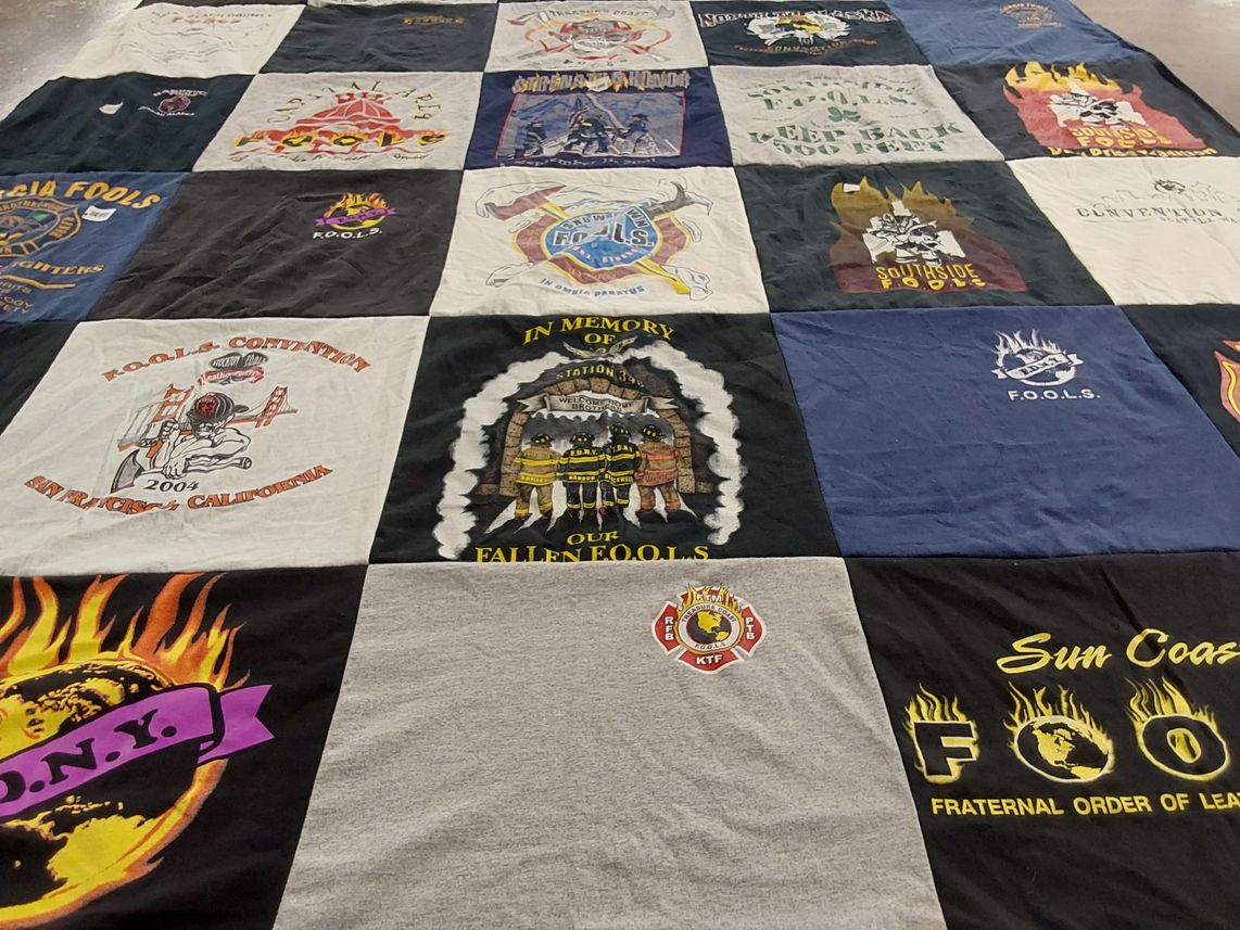 T-shirt quilt with firefighters, fraternal orders themes by Ken from FL