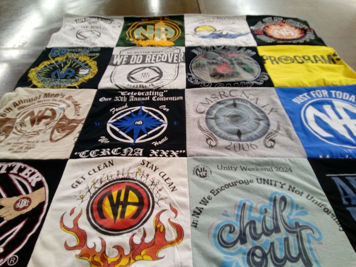 T-shirt quilt with recovery, community service themes by Patty from CA