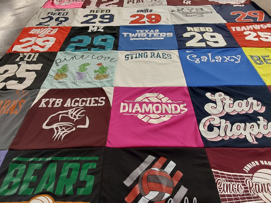 T-shirt quilt with basketball, volleyball themes by MICHELLE from TX
