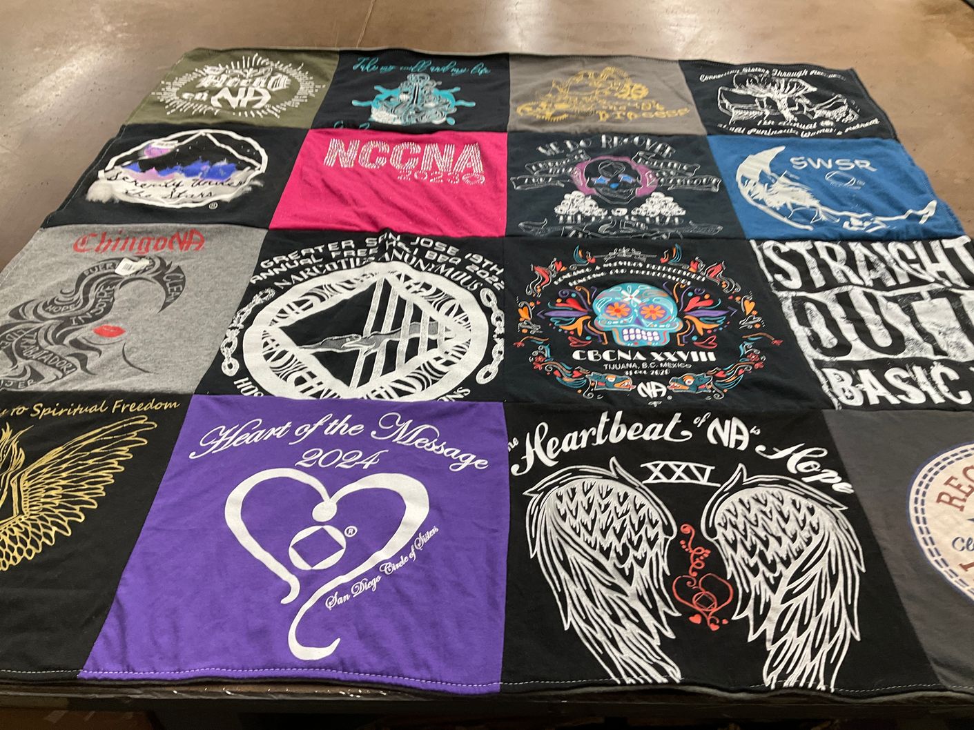 T-shirt quilt with recovery, addiction themes by Patty from CA