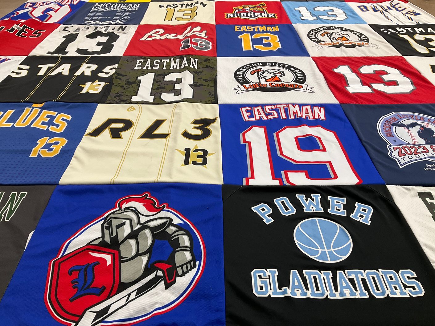 T-shirt quilt featuring blues, gladiators by Corrie from MI