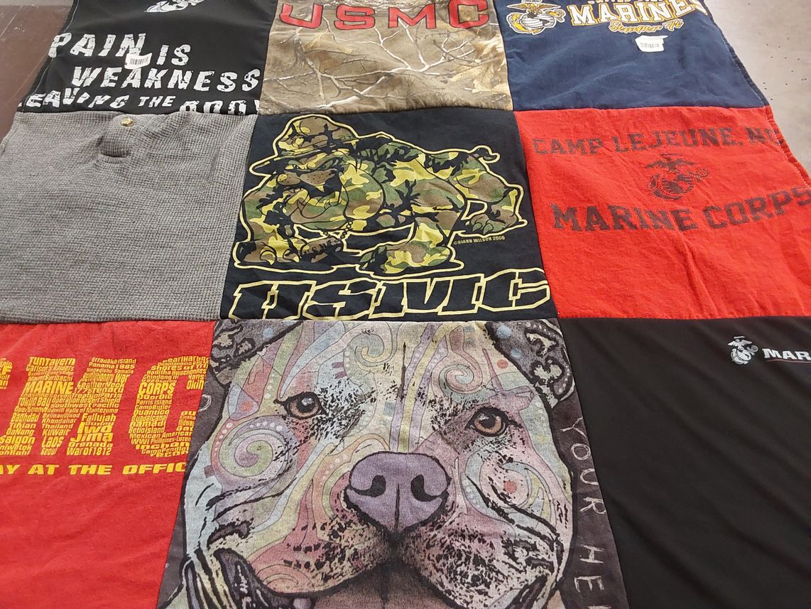 T-shirt quilt with military, marine corps themes by Ellie from PA