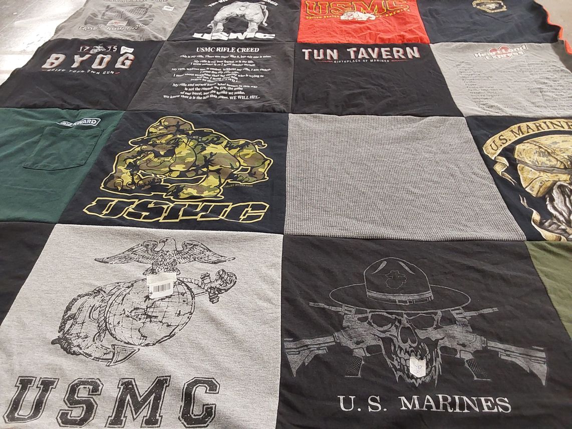 T-shirt quilt with military, marine corps themes by Ellie from PA