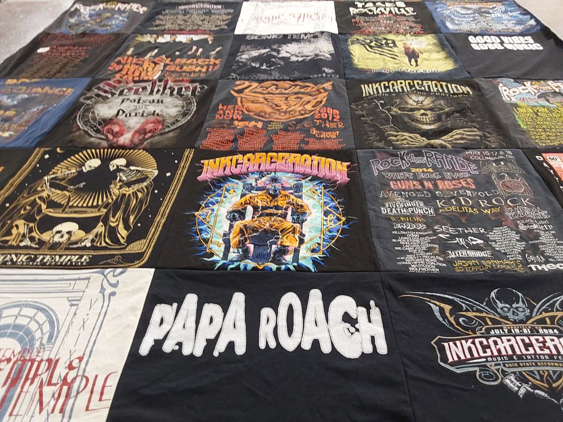 T-shirt quilt with music festivals, rock music themes by Kathie from PA
