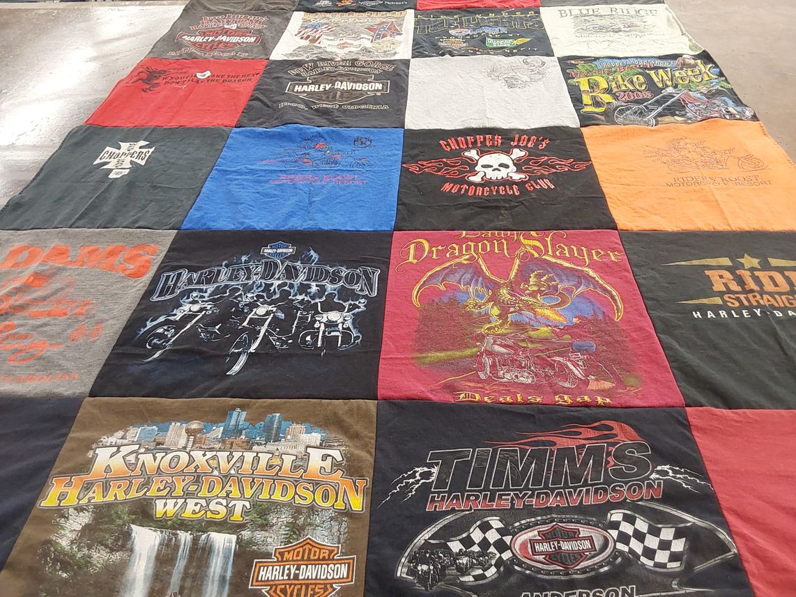 T-shirt quilt with motorcycles, biking themes by Crystal from NC