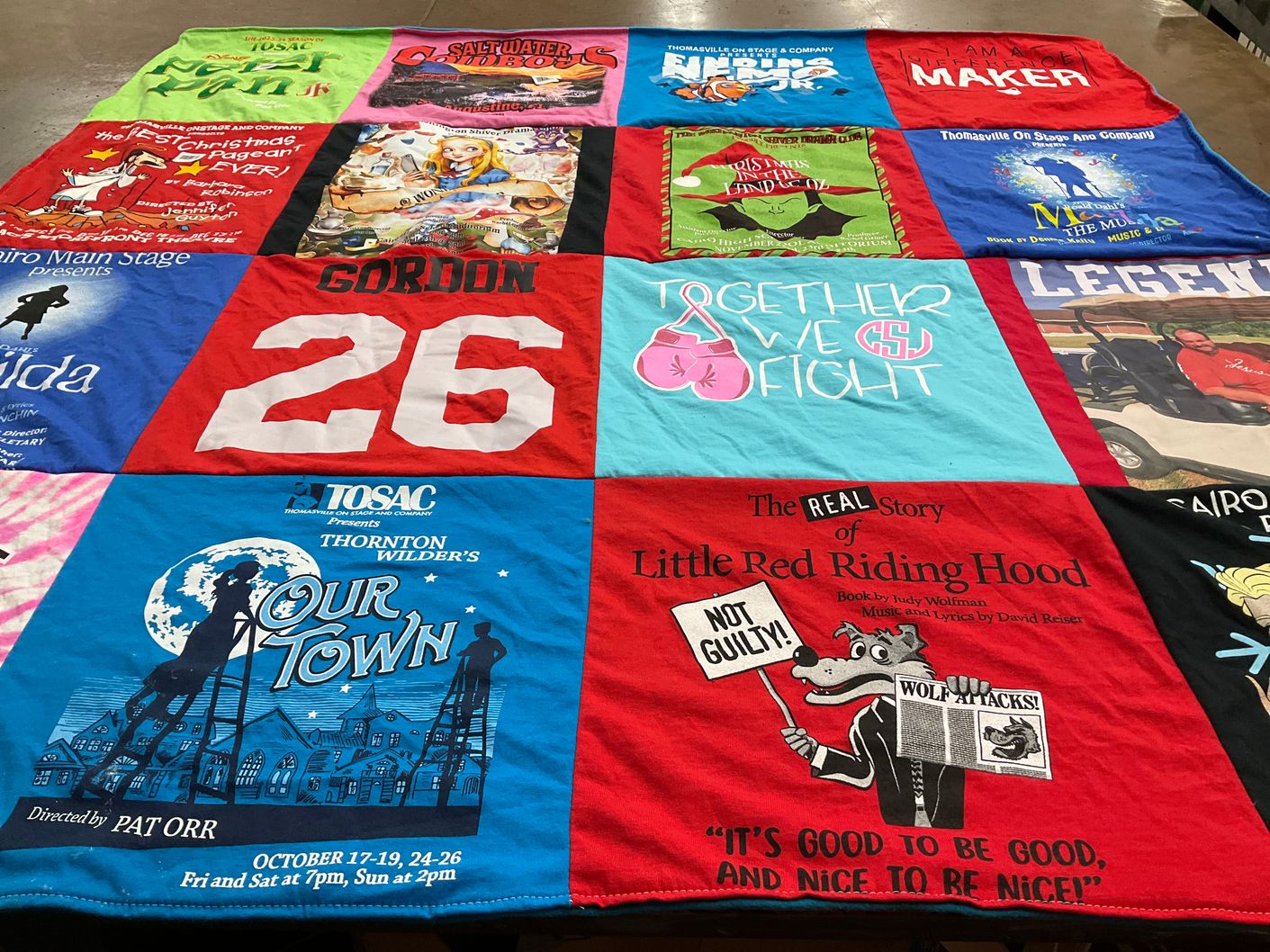T-shirt quilt with theatre, drama themes by Julie from GA