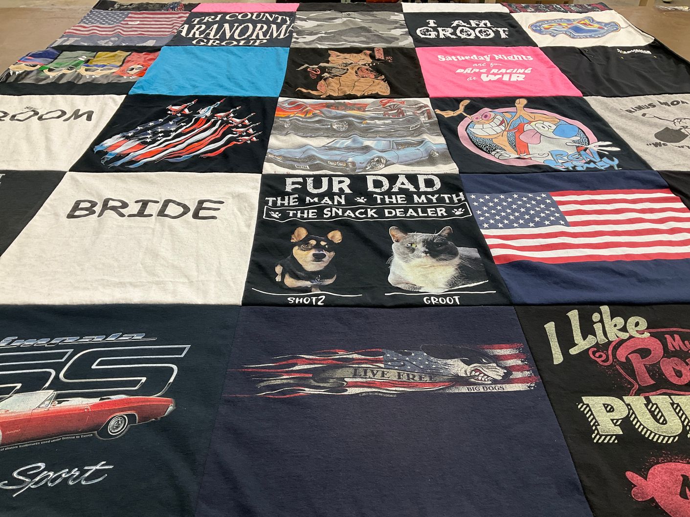 T-shirt quilt with pets, cars themes by Chris from WI