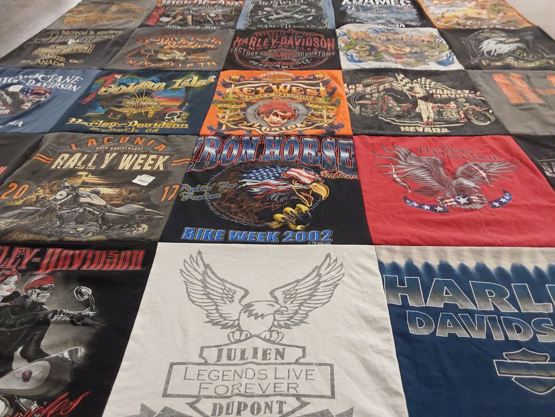 T-shirt quilt with motorcycles, biking themes by Kimberly from NH