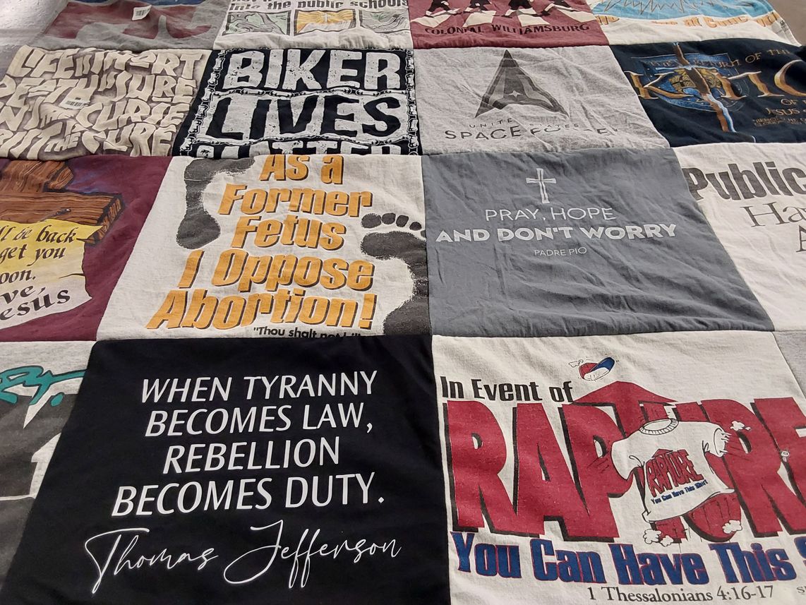 T-shirt quilt with politics, religion themes by Chuck from VA