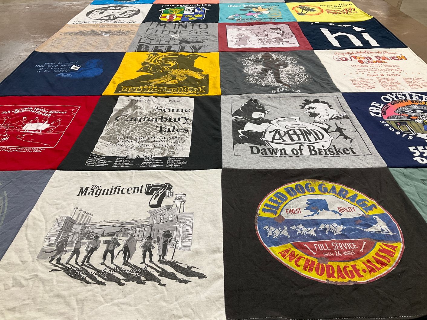 T-shirt quilt with cooking, theatre themes by Robert from FL