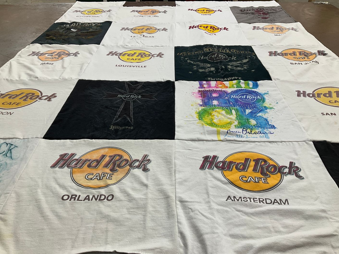 T-shirt quilt with music, restaurants themes by David from TX