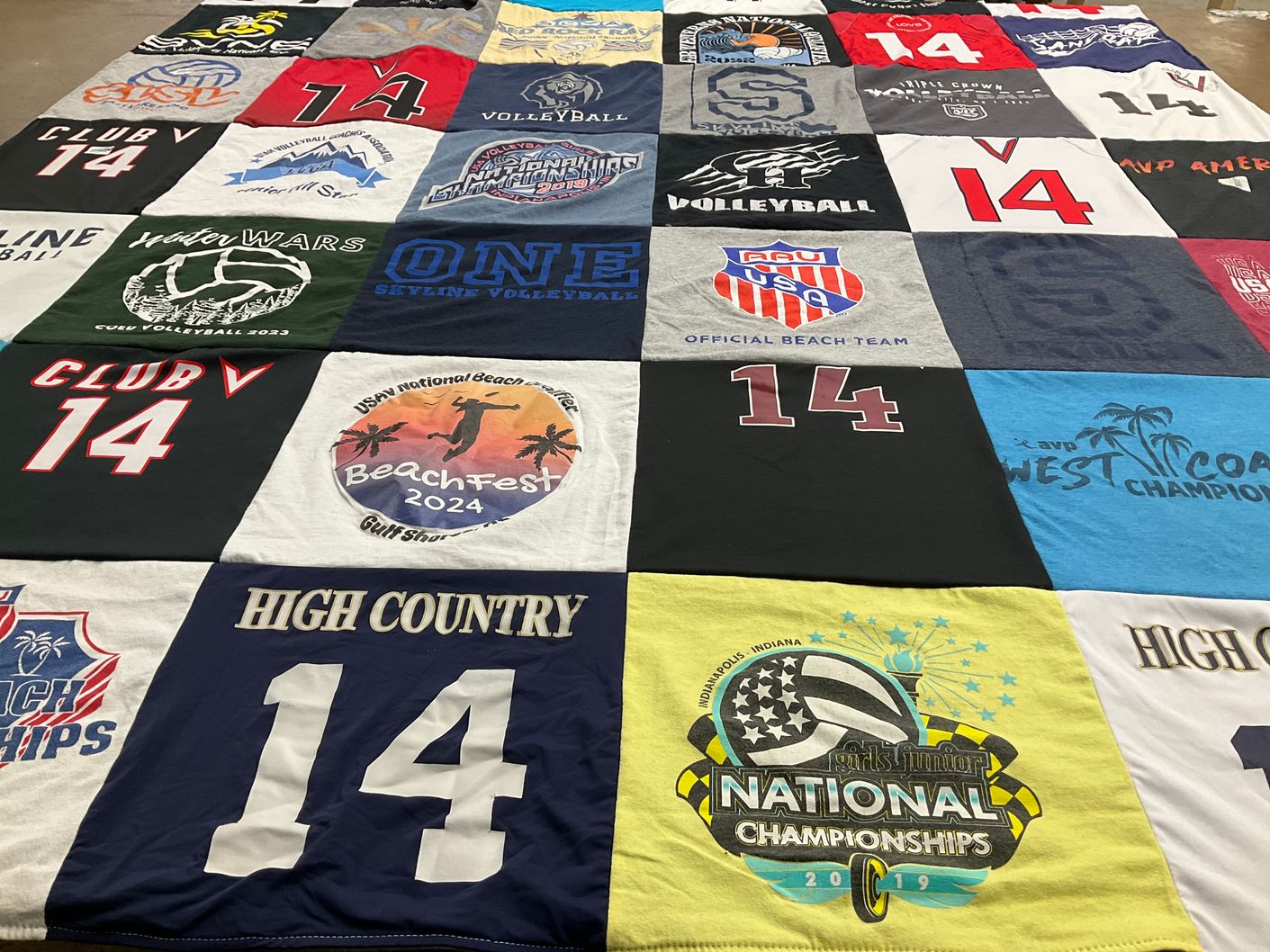 T-shirt quilt with beach volleyball, youth sports themes by Linda from UT