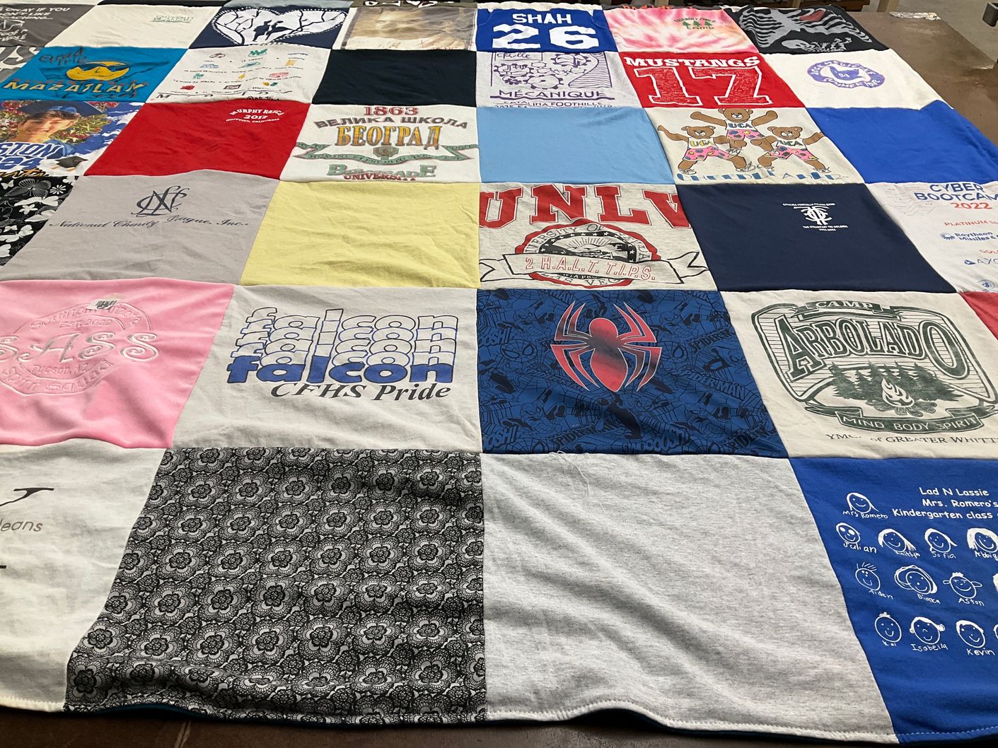 T-shirt quilt featuring mustangs, falcons by Ingrid from AZ